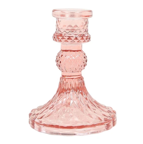 Pair Candy Pink Faceted Glass Candlesticks 2 Crystal Candle Holders Set Vintage - Picture 7 of 10